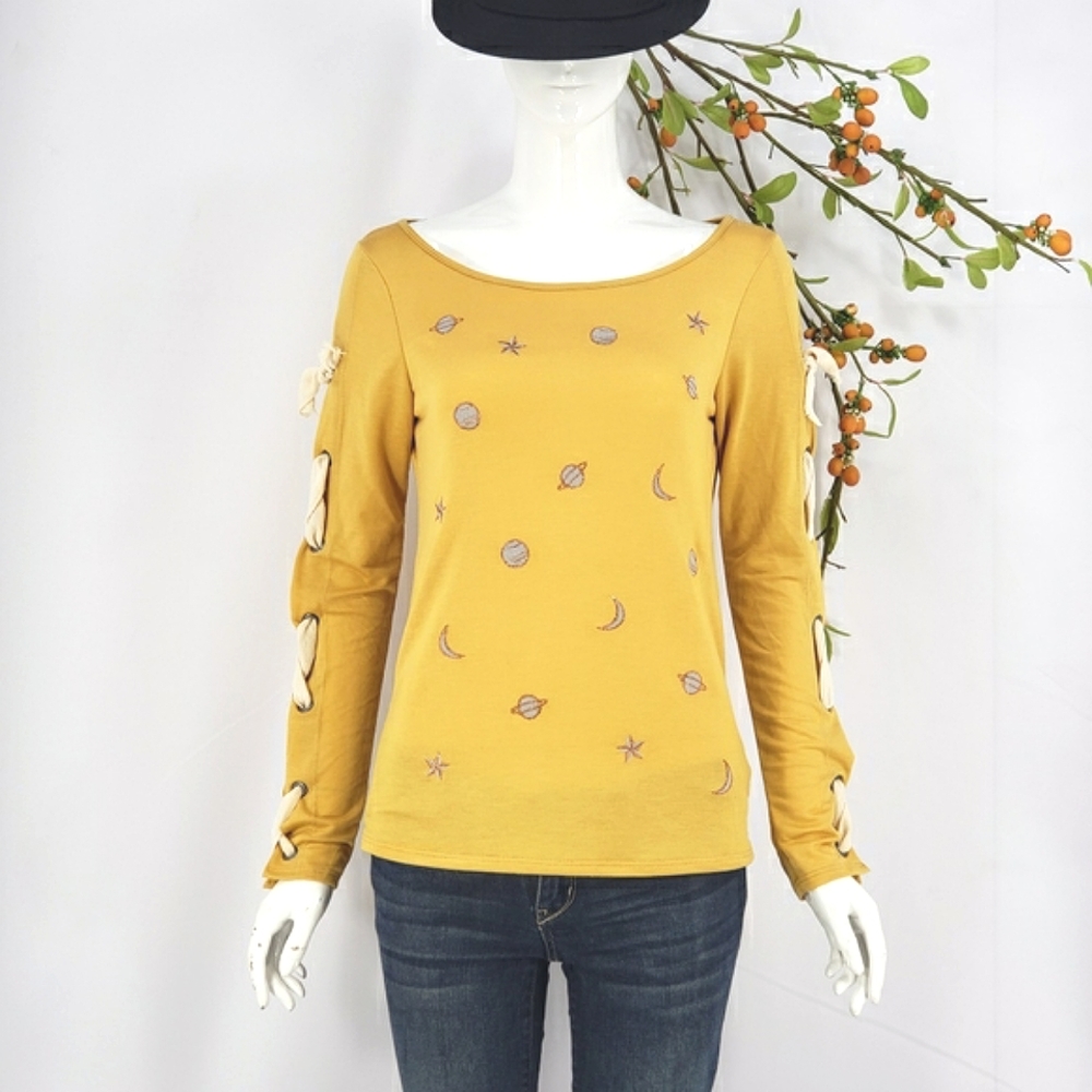 NEW Embroidered Celestial Stars Galaxy Lace-Up Top in Mustard